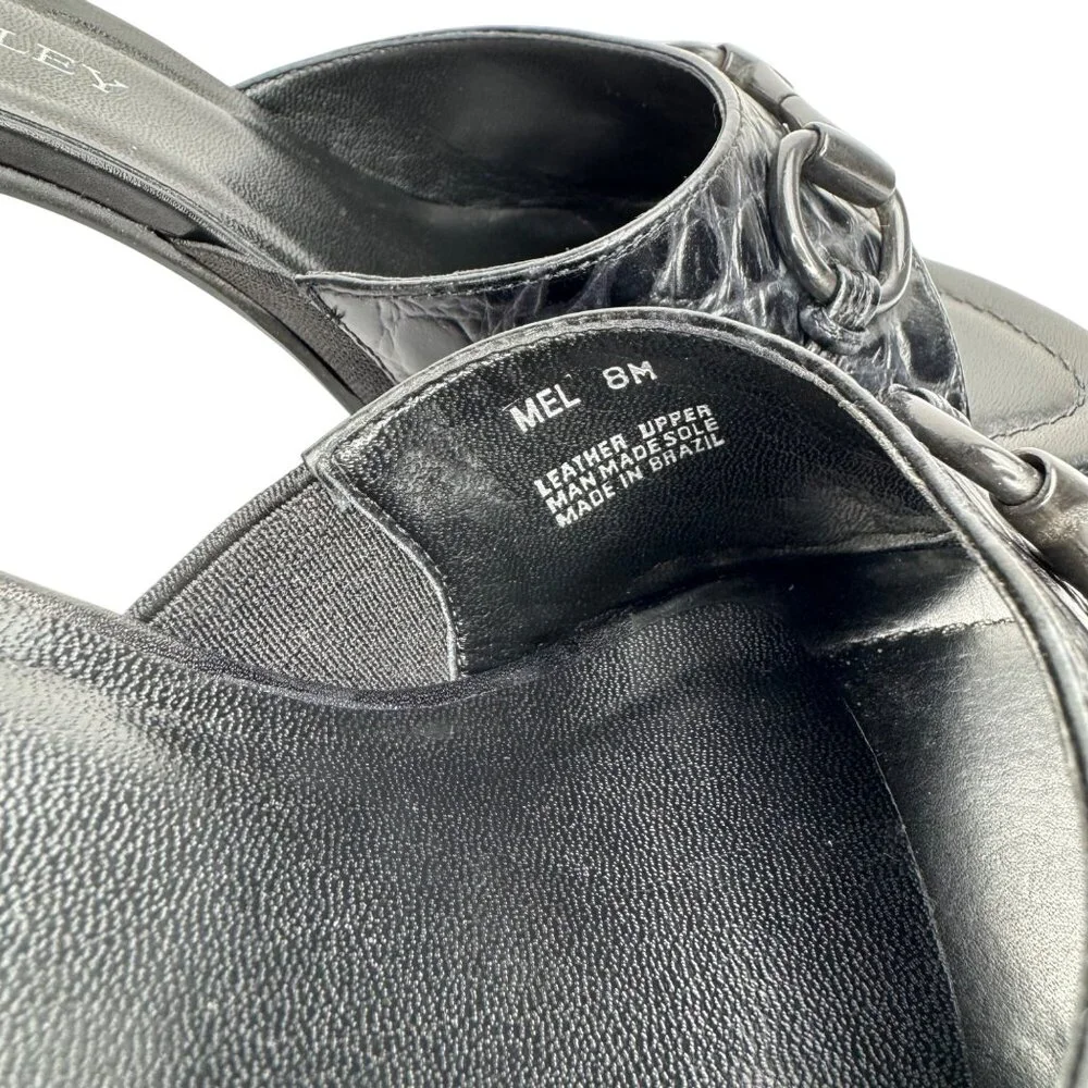 Vintage Y2K Laura Ashley Black Croc-Embossed Leather Slide Sandals Buckle Detail